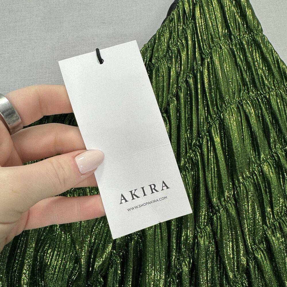 Akira Stay Radiant Metallic Maxi Womens 2X Green One Shoulder Pleated Gown Prom - Picture 3 of 14